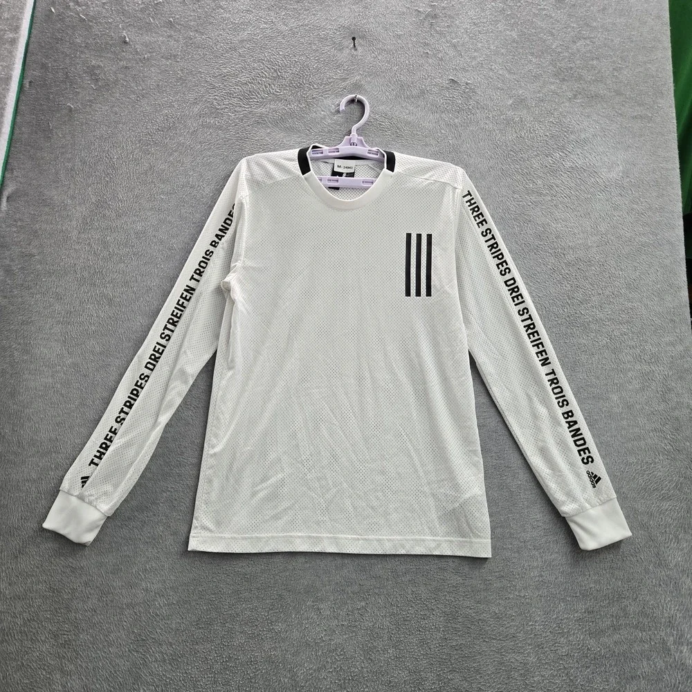 Adidas Men Shirt S White Mesh Sport ID Three Stripes Activewear Logo Long Sleeve